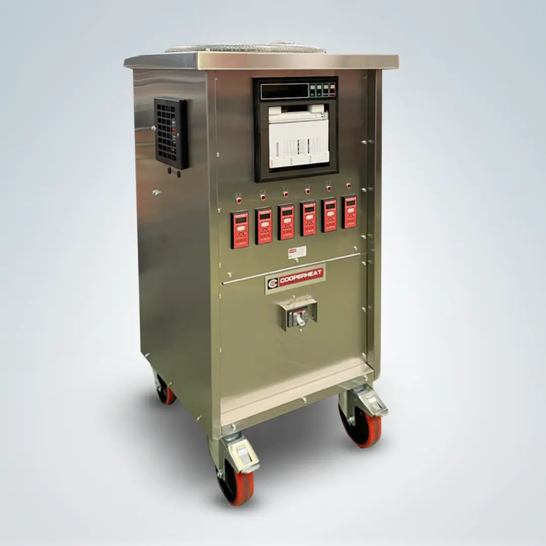 70kVA Heat Treatment Unit by Cooperheat, with a unique "Advantage 3" temperature programmer/controller which ensures the required temperature uniformity within each control zone and a panel mounted 12 point Fuji recorder