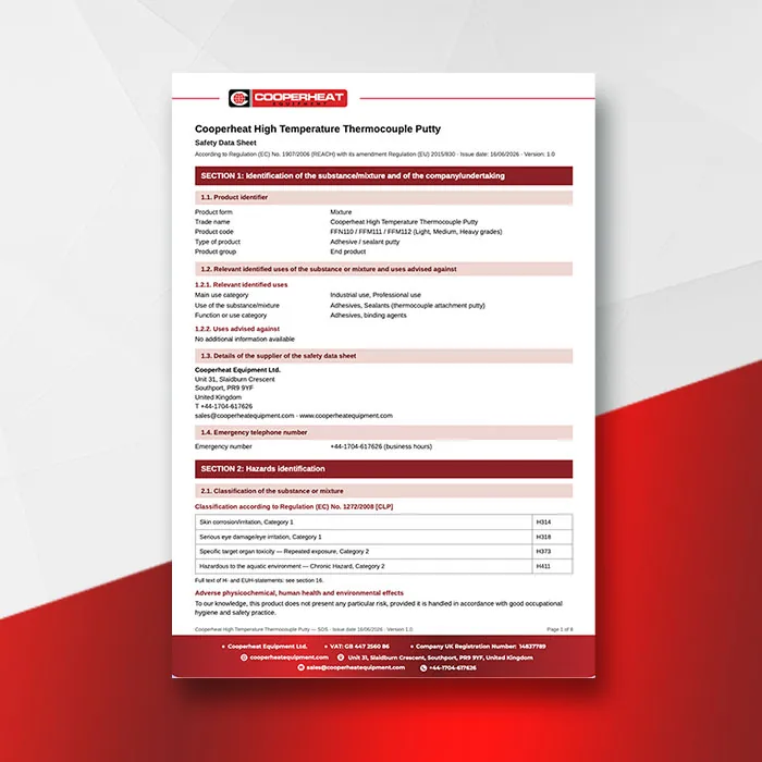 Cooperheat High Temperature Thermocouple Putty Safety Data Sheet